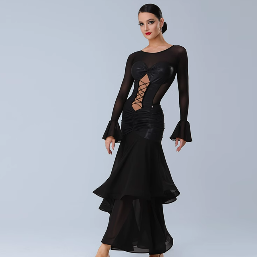 TID Customisable Women's Long Sleeve Black Dance Dresses Performance Competition Dancewear