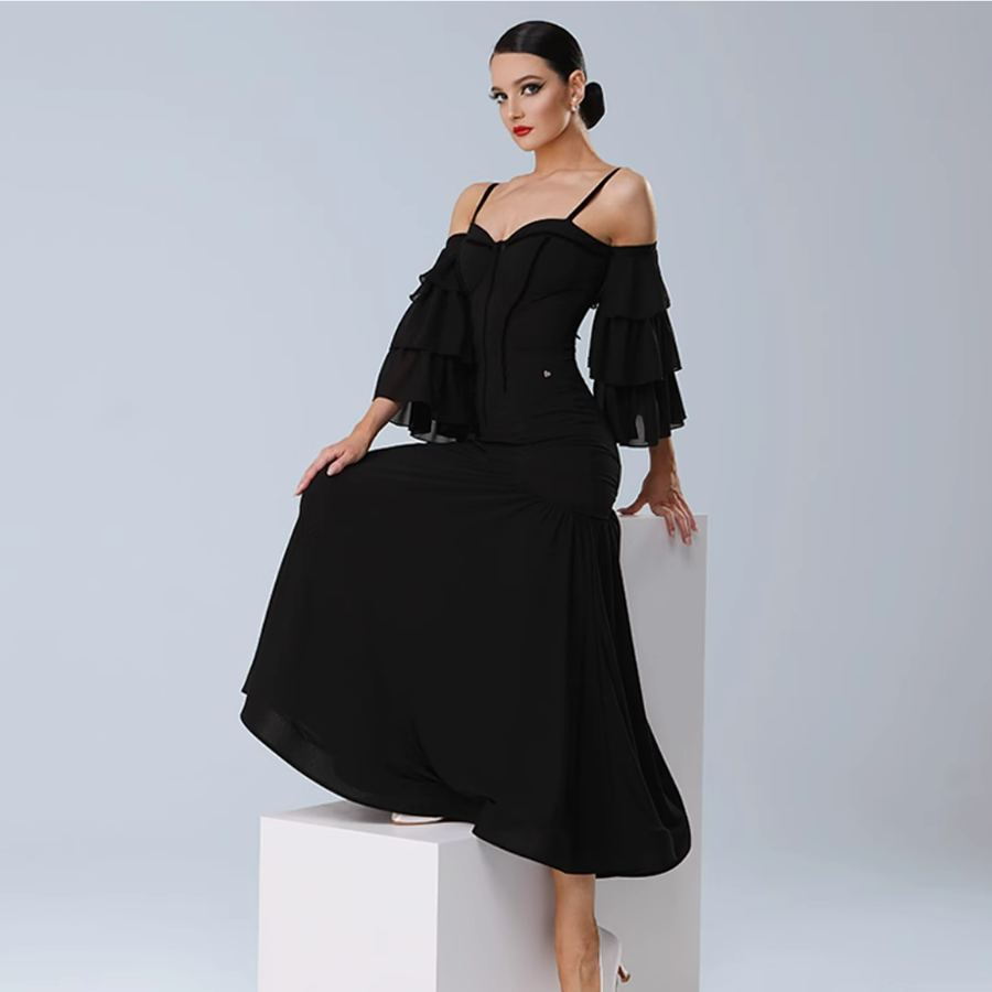 TID Customisable Women's Off Shoulder Black Dance Dresses Performance Competition Dancewear