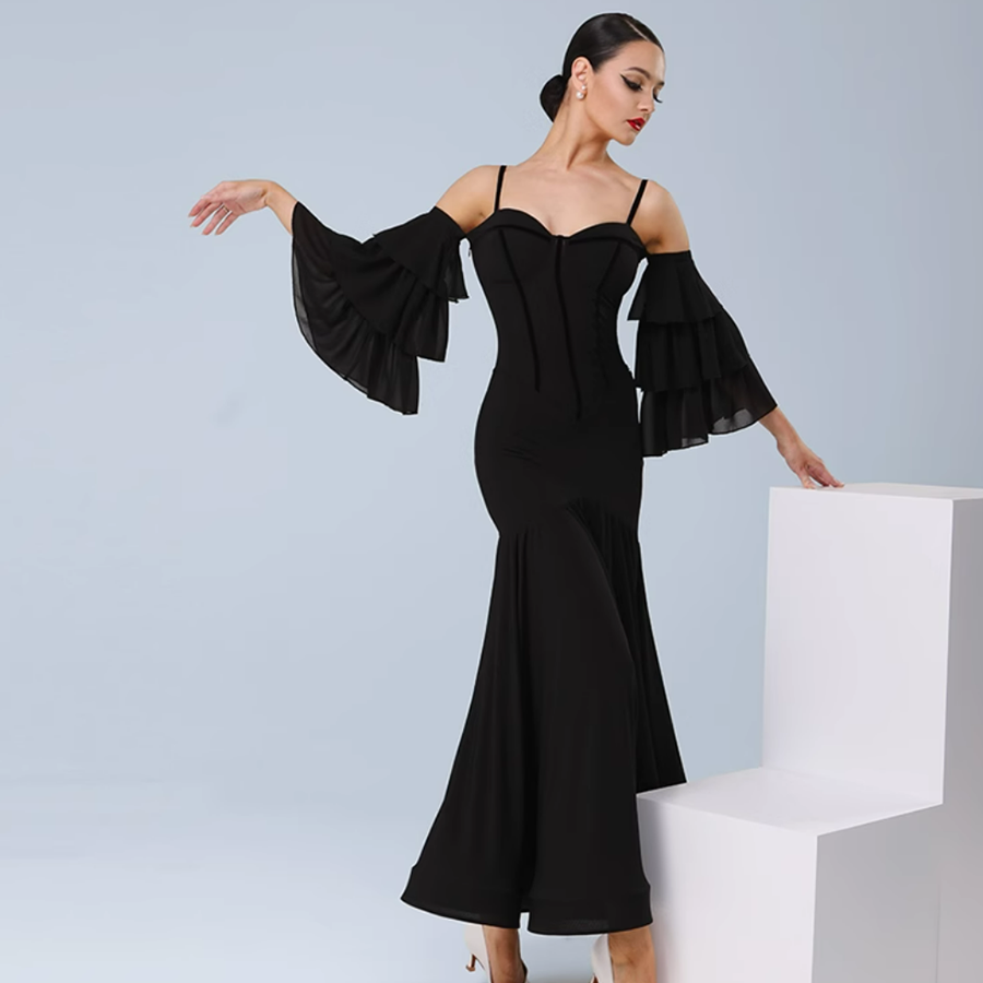 TID Customisable Women's Off Shoulder Black Dance Dresses Performance Competition Dancewear