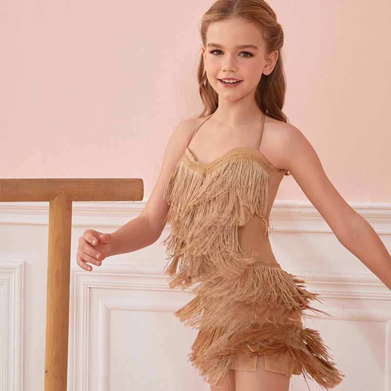 Z Girls Tassel Sleeveless Performance Dance Dresses Dancewear(Without Golves and Flower)