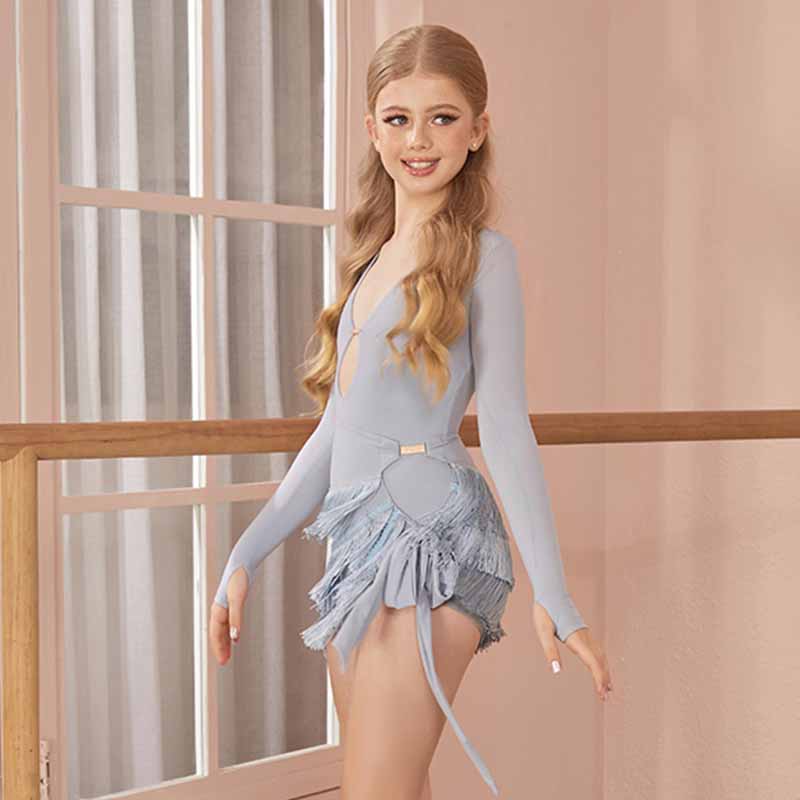 Z Girls Long Sleeve Tassel Latin Dance Skirt Dance Wear