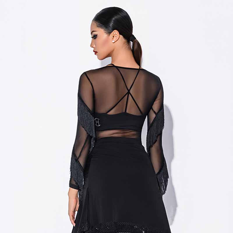 HC Women's Black Mesh Tassel Latin Dance Tops Dance Wear Training Performance