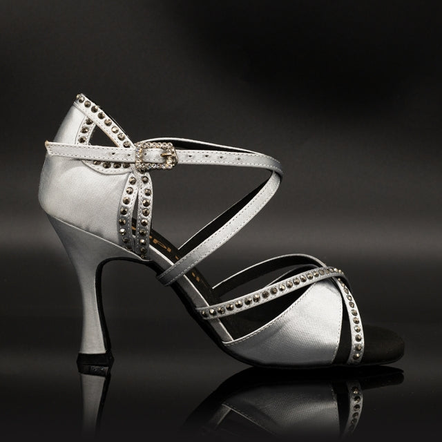 Women's Blue Customized Heel Open Toe Strappy Dance Shoes with Crystals