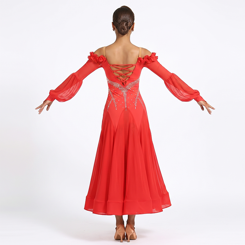 Customisable-Women's Red Long Sleeve DanceWear Ballroom Dance Dress