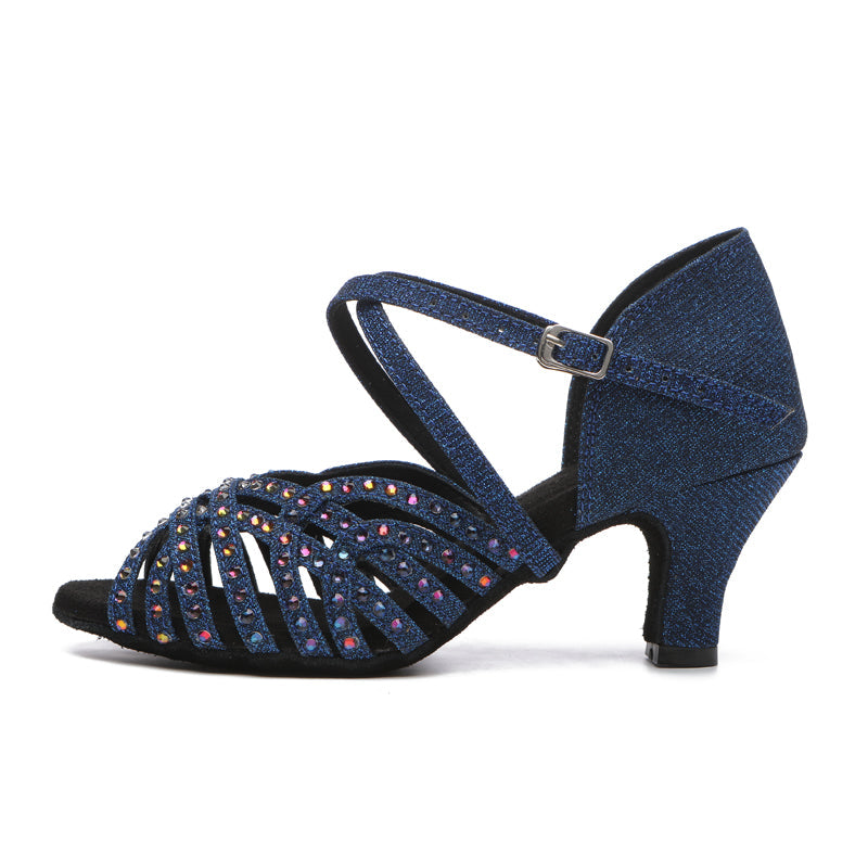DS Women's Blue Satin Rhinestones Sandal Customized Heel Latin Dance Shoes Dance Heels