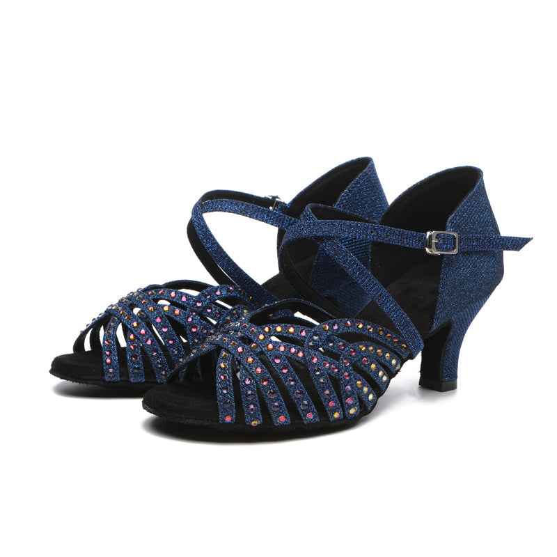 DS Women's Blue Satin Rhinestones Sandal Customized Heel Latin Dance Shoes Dance Heels