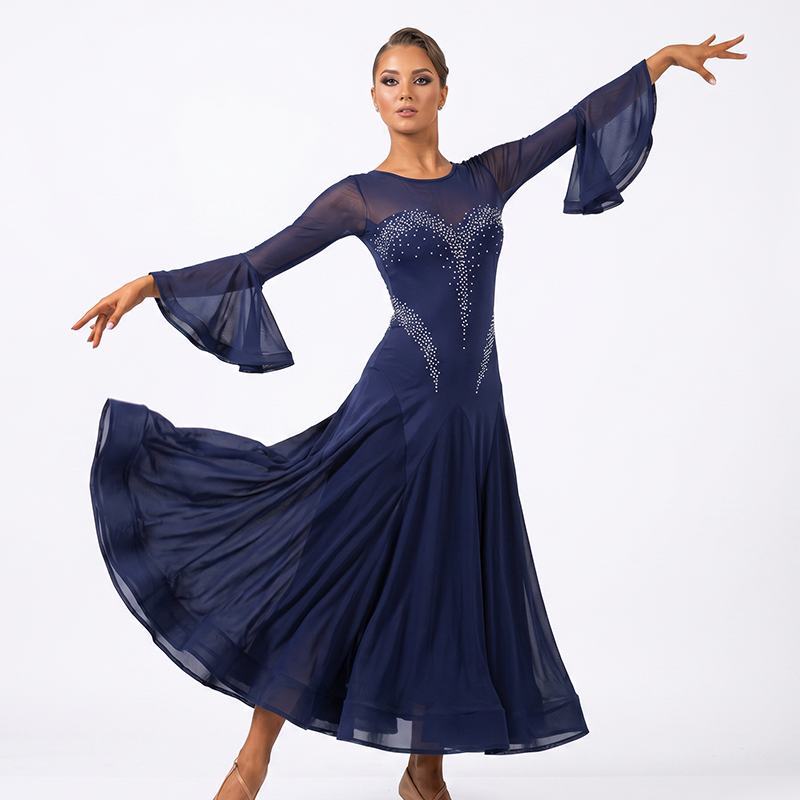 Customisable-Women's Navy Round Neck DanceWear Ballroom Dance Dress