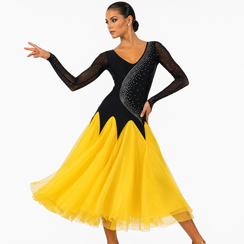 Customisable-Women's Long Sleeve Diamond Waltz Ballroom Dance Competition Modern Dance Large Swing Dress