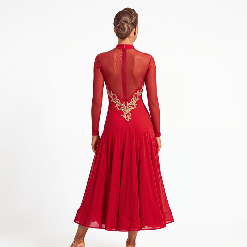 Customisable-Women's Red V-neck Long Sleeve DanceWear Ballroom Dance Dress