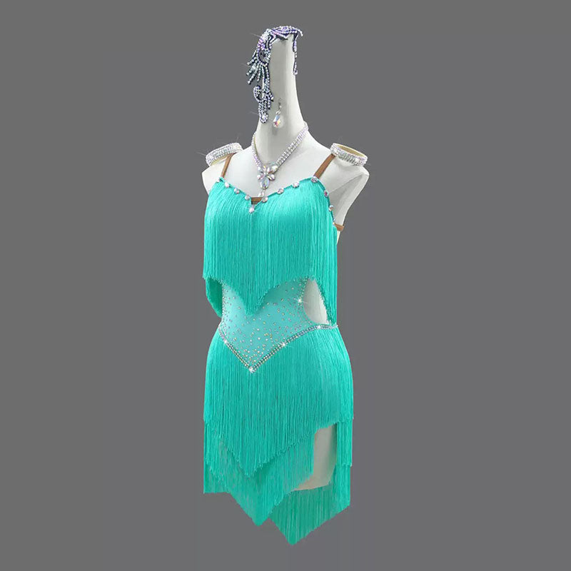 Customisable-Women's MintCream Tassel Latin Dance Dress Professional Dance Stage Performance Wear