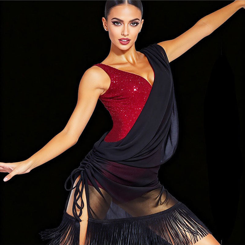 YJFY Women's Black Mesh Tassel Latin Dance DressDance Wear Training Performance Dress