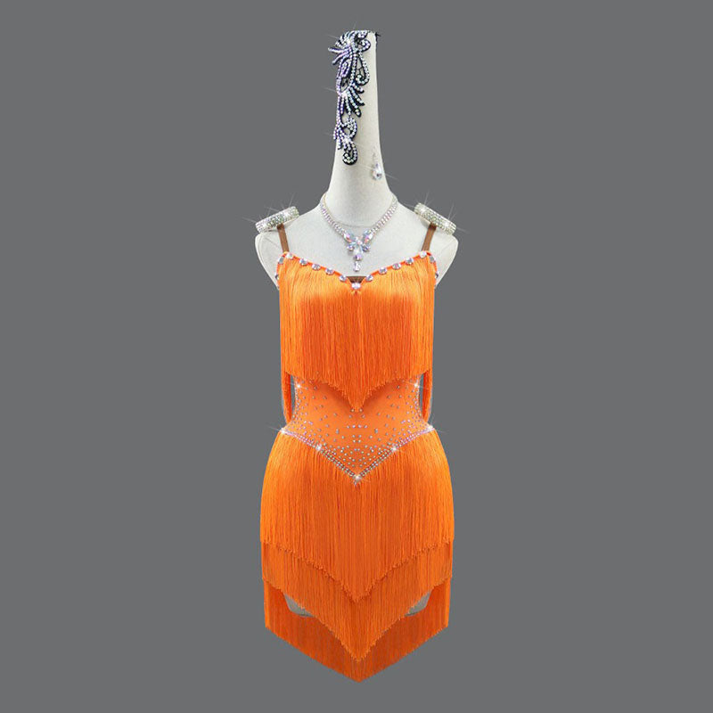 Customisable-Women's Orange Tassel Latin Dance Dress Professional Dance Stage Performance Wear