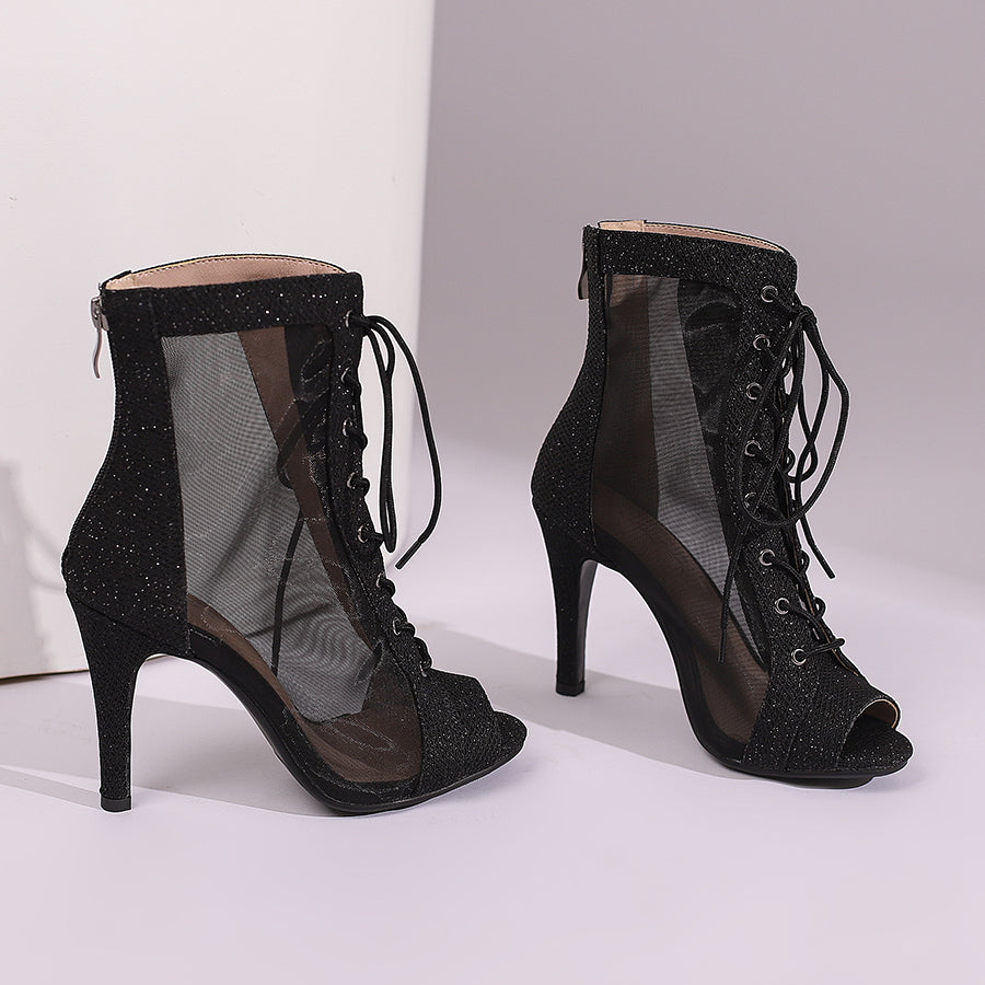 Women's 10cm Heel Rubber Sole Leatherette Jazz Shoes Open Toe Dance Heels Boots