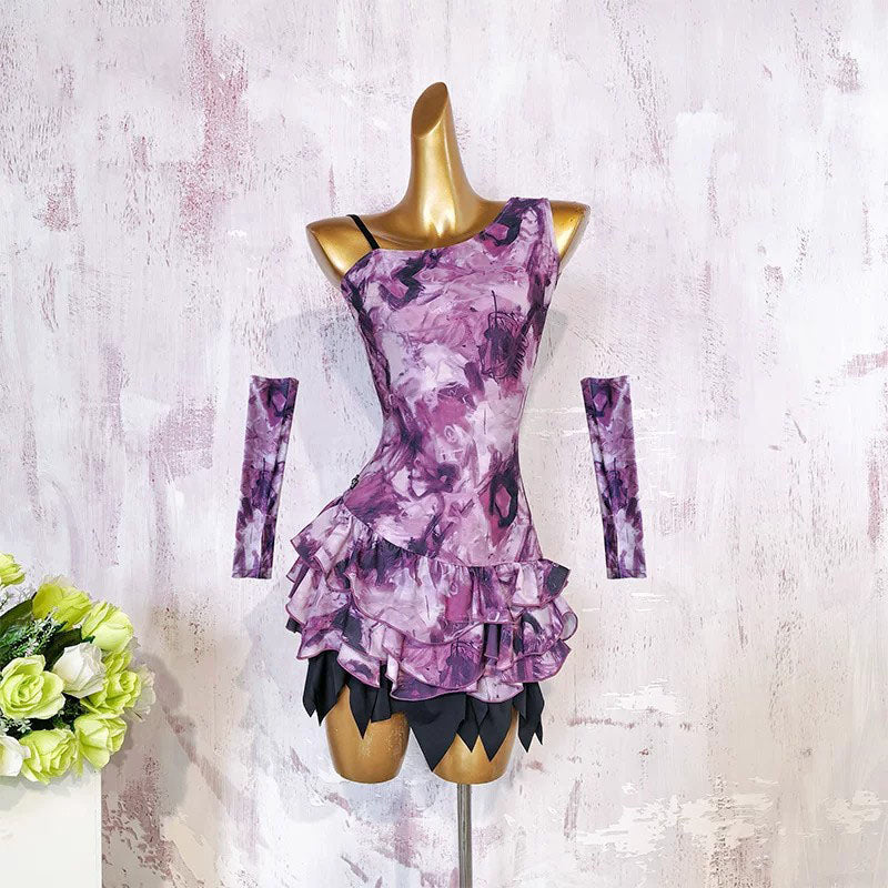 YJFY Women's Purple Backless Latin Dance Dress Dance Wear Training Performance Dress (With Arm Warmers)