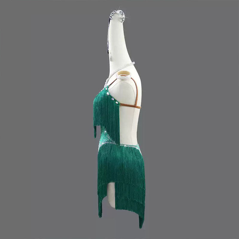 Customisable-Women's Green Tassel Latin Dance Dress Professional Dance Stage Performance Wear