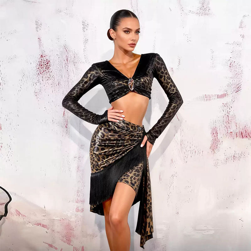 YJFY Women's Leopard Latin Dance Tops Dance Wear Training Performance Wear