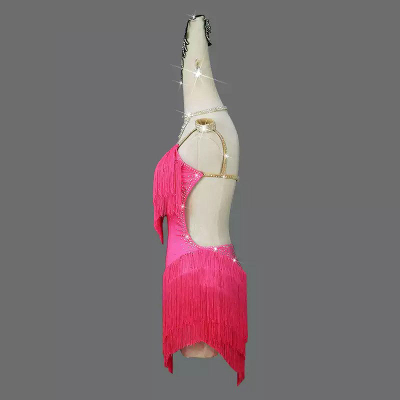 Customisable-Women's Pink Tassel Latin Dance Dress Professional Dance Stage Performance Wear