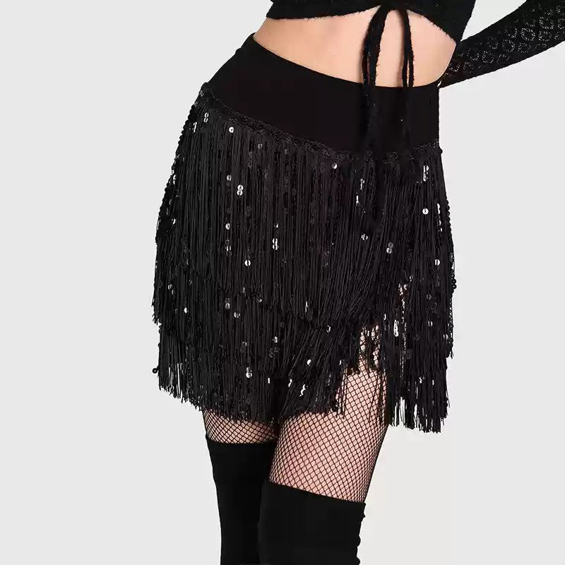Yes Women's Black Sequin Tassel Latin Dance Skirt Training Performance Skirts DanceWear