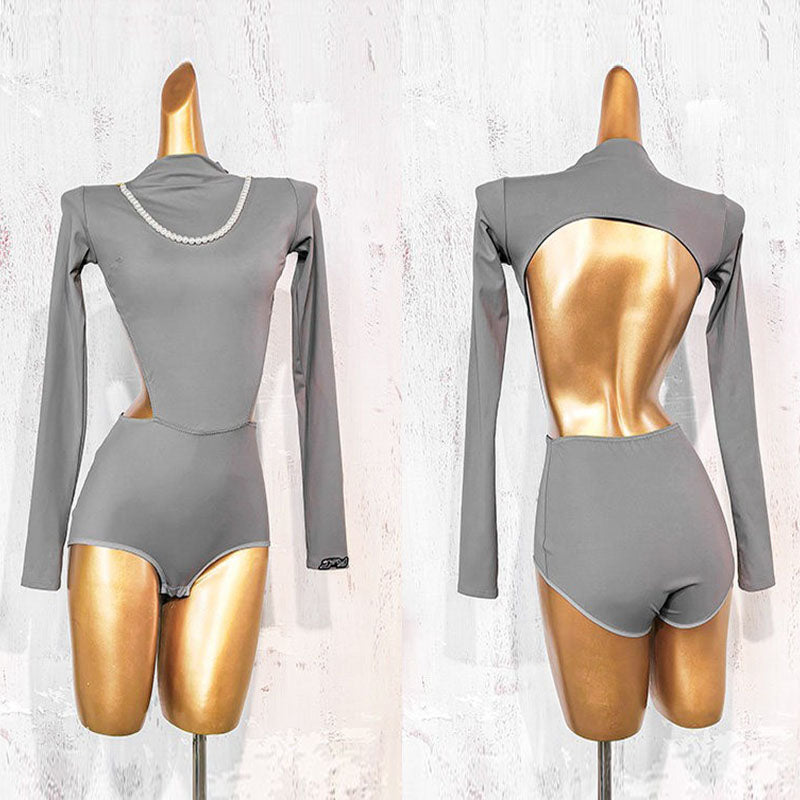 YJFY Women's Grey Backless Latin Dance Sets Dance Wear Training Performance Dress Sets(Without Necklace)