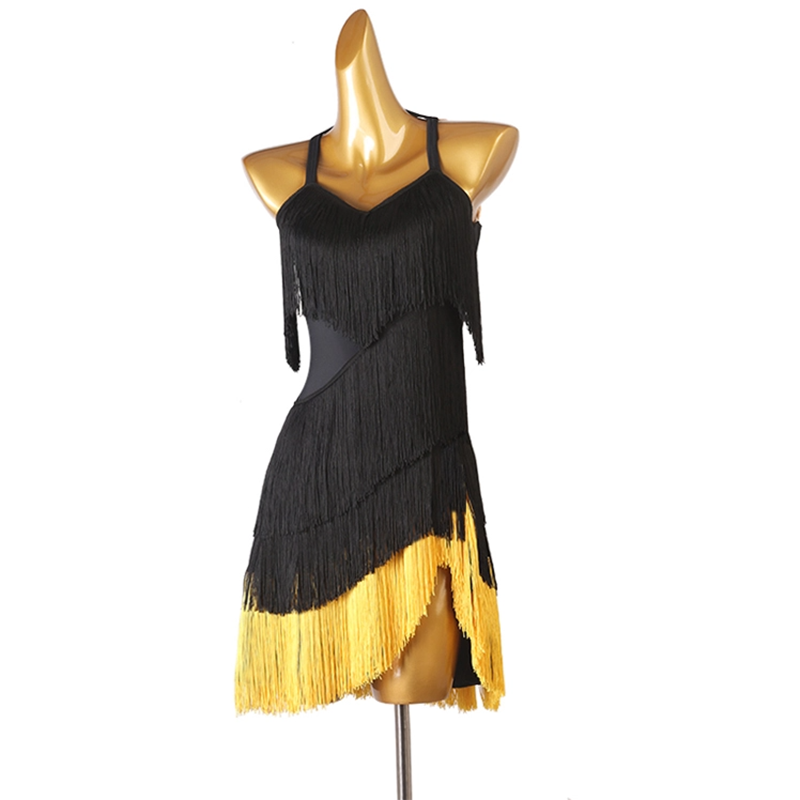 Customisable-Women's Black Tassel  Sleeveless Performance Latin Dance Dress Dance Wear
