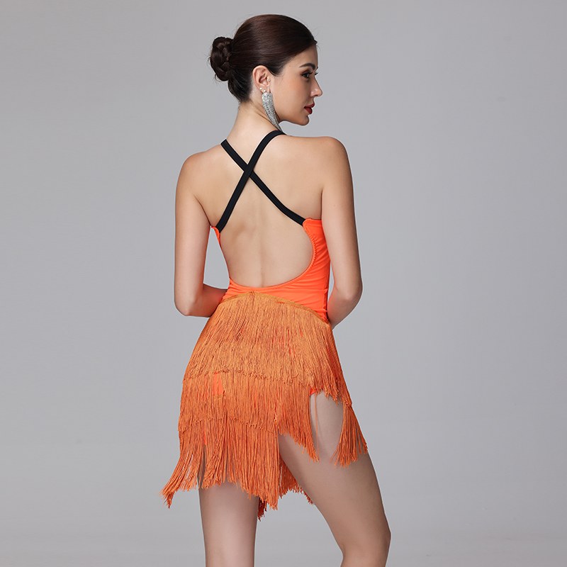 Customisable-Women's Performance Sleeveless Tassels Latin Salsa Dance Dress Competition Dress