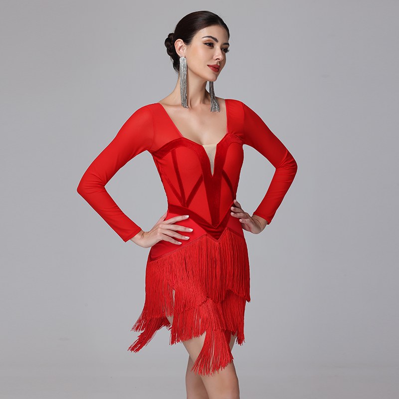 YZY Customisable-Women's Long Sleeve Tassel DanceWear Dance Dress Performance Wear