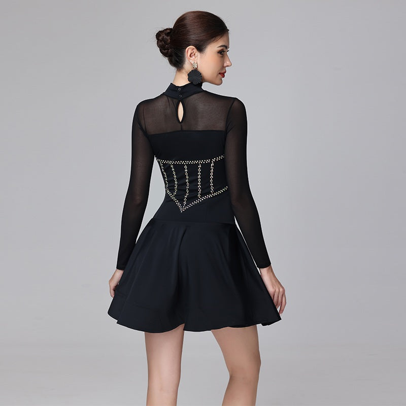 Customisable-Women's Black Long Sleeve DanceWear Dance Dress Performance Wear
