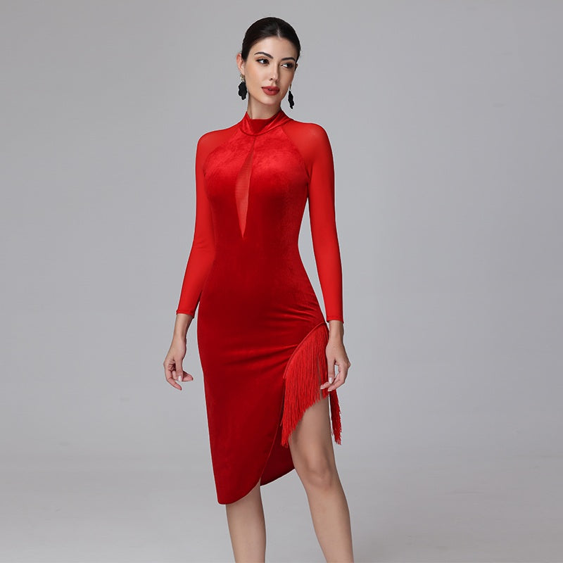 YZY Customisable-Women's Long Sleeve Red Tassel DanceWear Dance Dress Performance Wear