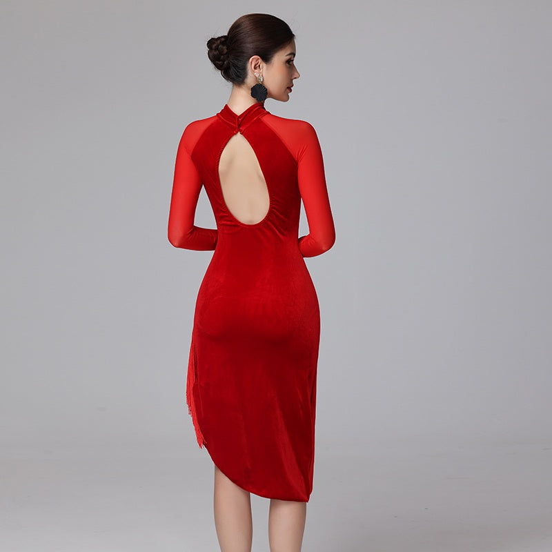 YZY Customisable-Women's Long Sleeve Red Tassel DanceWear Dance Dress Performance Wear