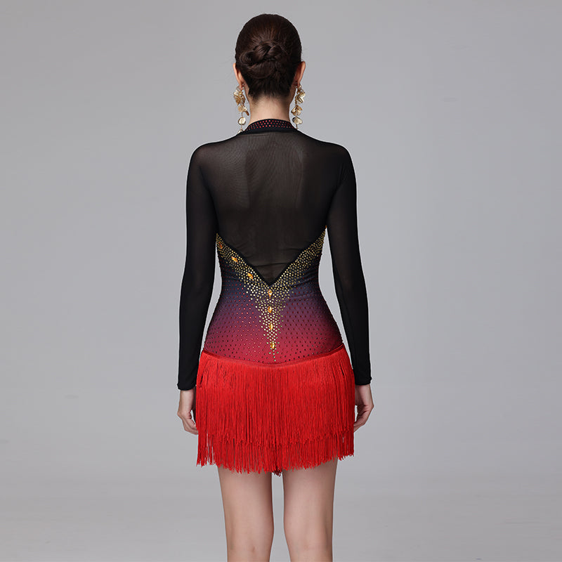 YZY Customisable-Women's Black Long Sleeve Tassel DanceWear Dance Dress Performance Wear