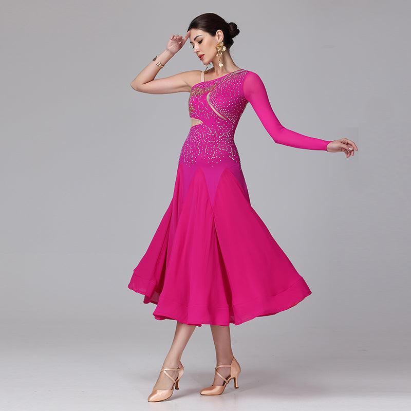Customisable-Women's Off Shoulder Long Sleeve DanceWear Ballroom Dance Dress