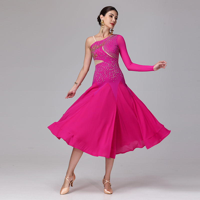 Customisable-Women's Off Shoulder Long Sleeve DanceWear Ballroom Dance Dress
