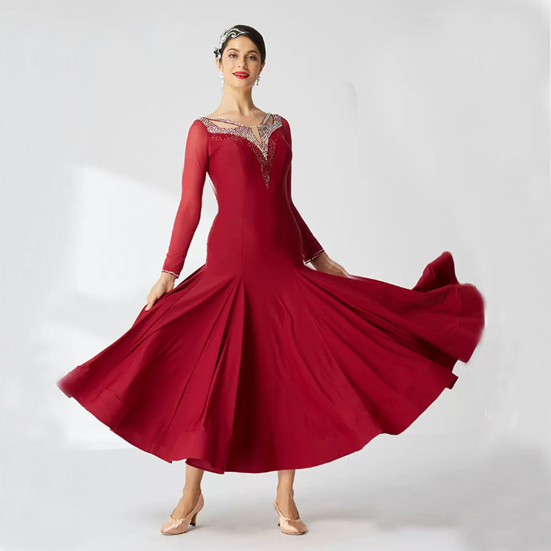 YUN Customisable-Women's Long sleeve Diamonds Dance Costume Dress For Ballroom Dancing standard/Smooth Dress