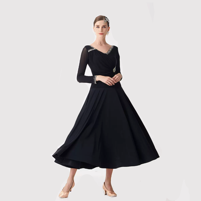 YUN Customisable-Women's Long Sleeve V-neck Diamonds Waltz Modern Ballroom Dance Dress