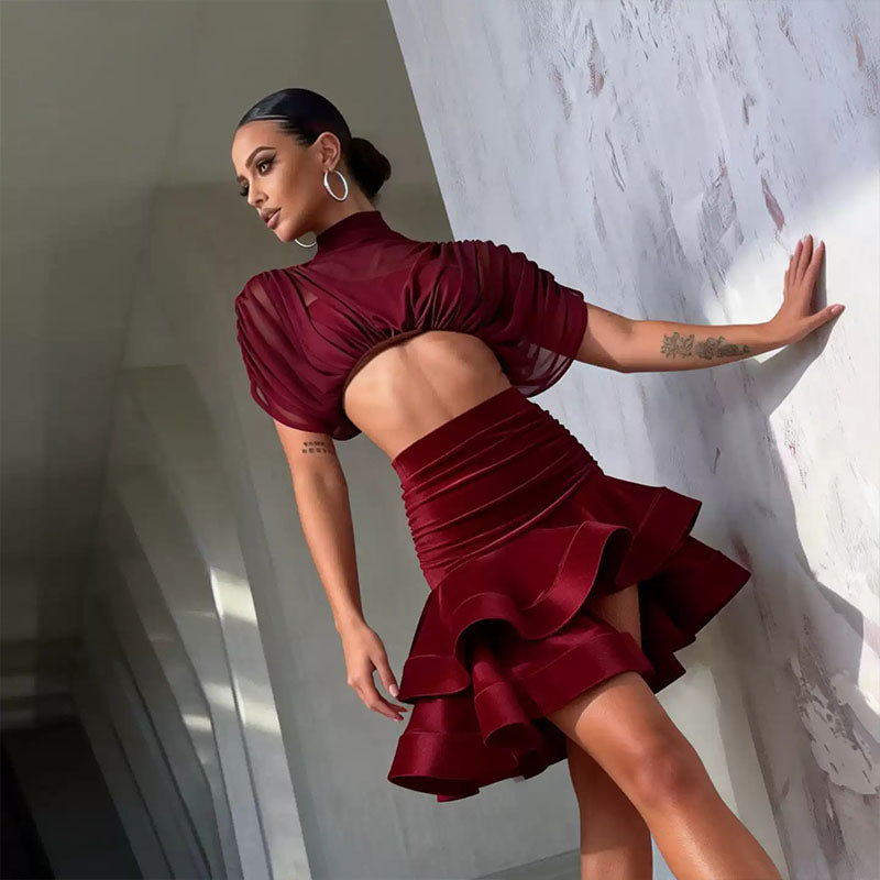 YJFY Women's Dark Red Latin Dance Sets Dance Wear Training Performance Dress Sets