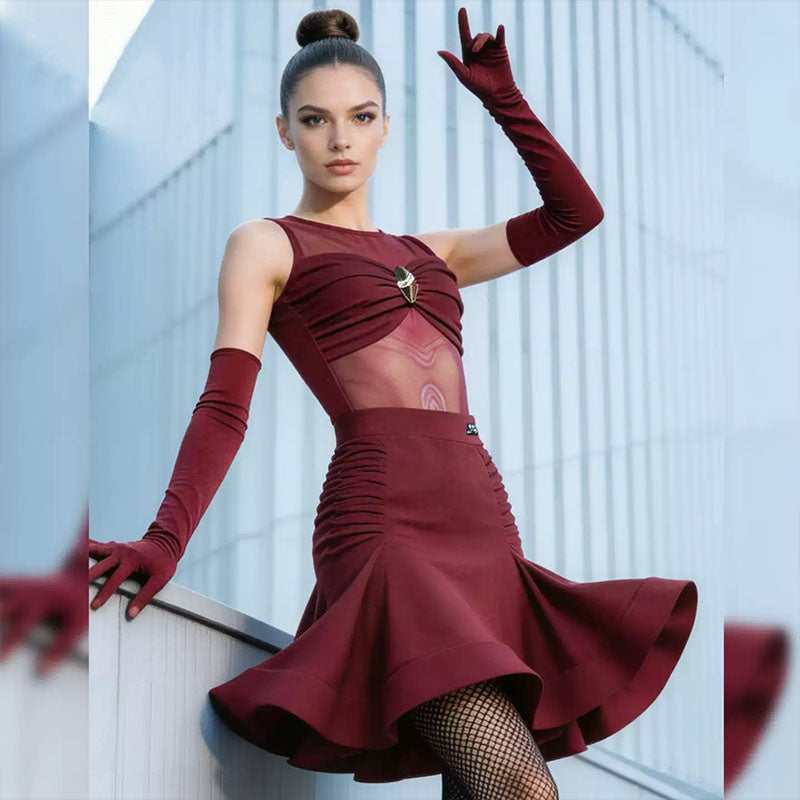 YJFY Women's Dark Red Latin Dance Sets Dance Wear Training Performance Dress Sets(Without Golves)