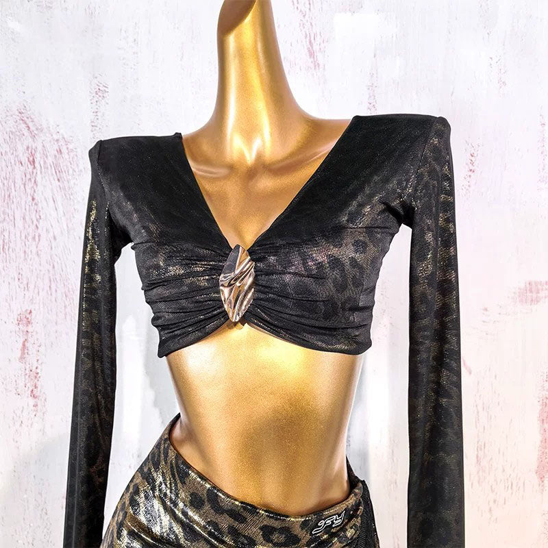 YJFY Women's Leopard Latin Dance Tops Dance Wear Training Performance Wear