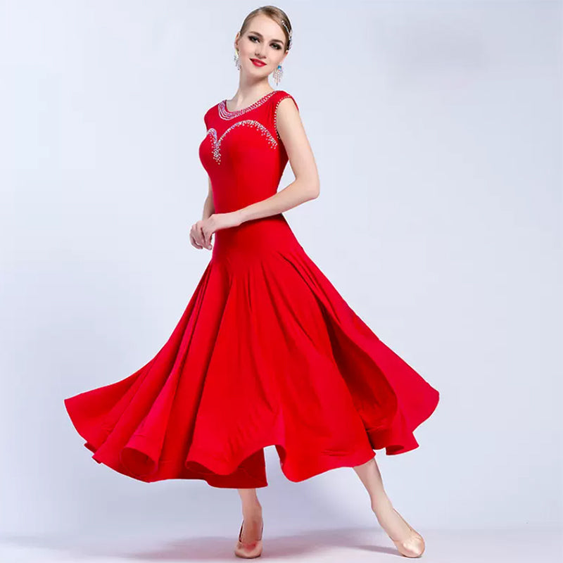 YUN Customisable-Women's Red Sleeveless Diamonds Dress For Ballroom Dancing standard/Smooth Dress