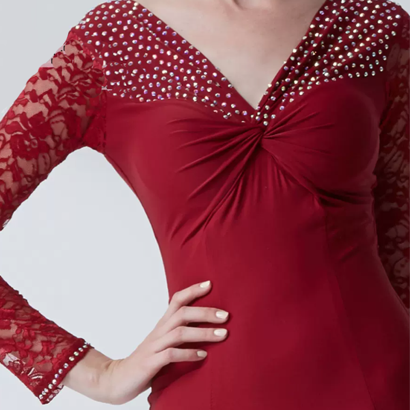 YUN Customisable-Women's Long Sleeve V-neck Backless Diamonds Waltz Modern Ballroom Dance Dress Competition Dresses
