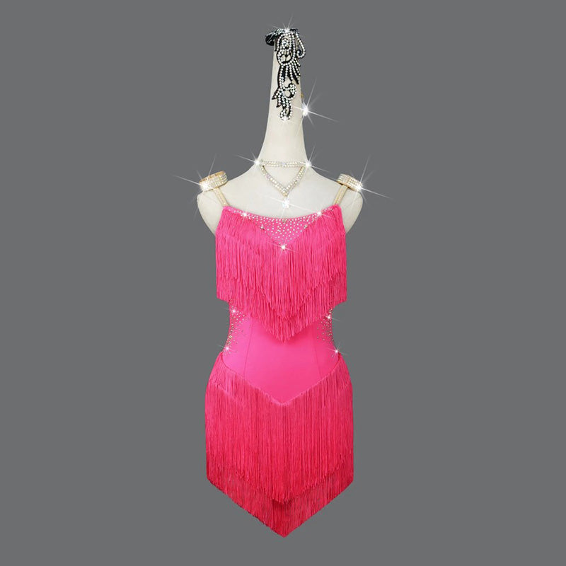 Customisable-Women's Pink Tassel Latin Dance Dress Professional Dance Stage Performance Wear