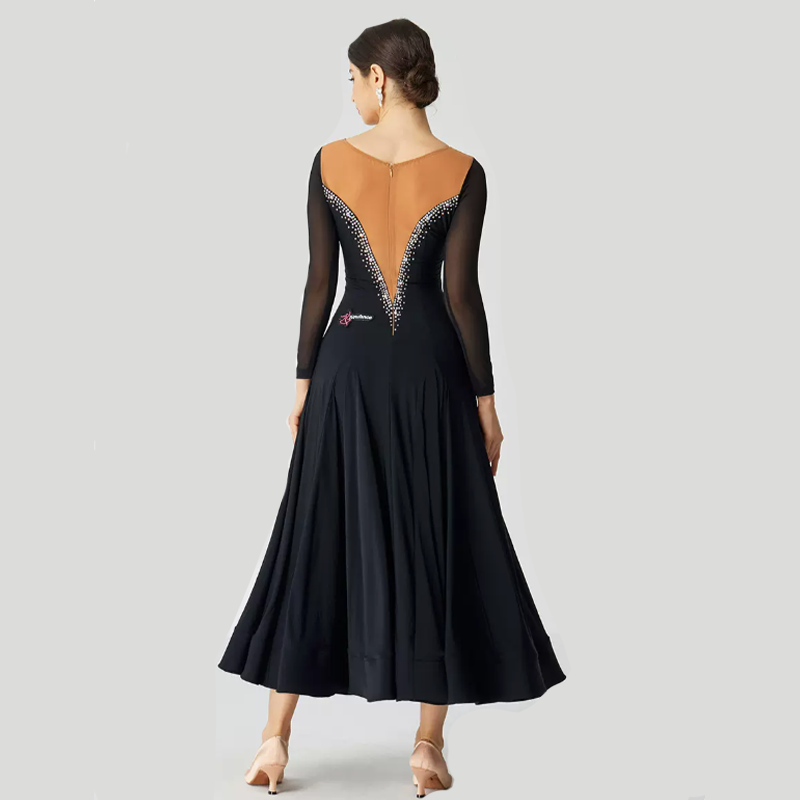 YUN Customisable-Women's Long Sleeve Round Neck Diamonds Waltz Modern Ballroom Dance Dress