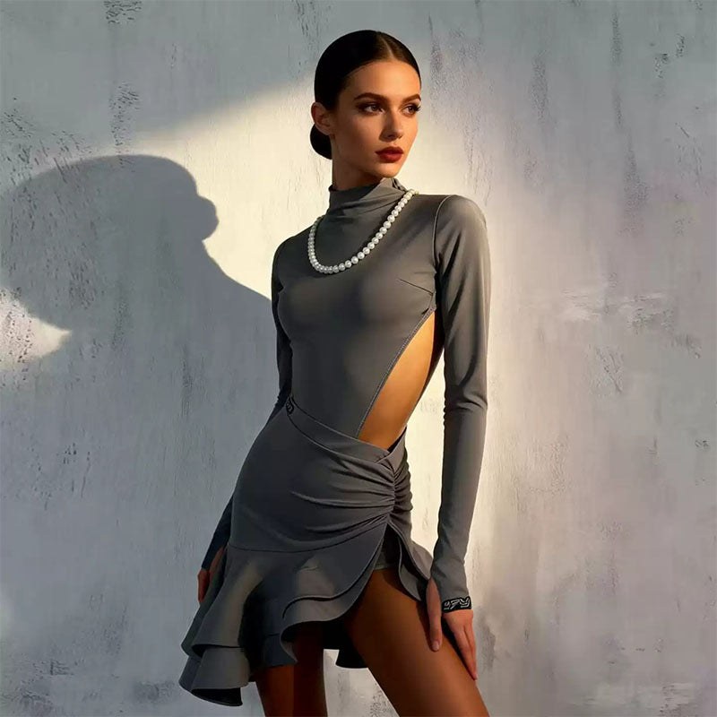 YJFY Women's Grey Backless Latin Dance Sets Dance Wear Training Performance Dress Sets(Without Necklace)