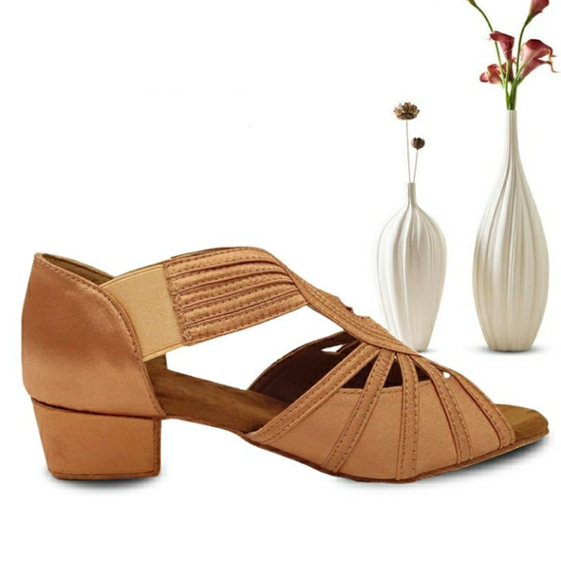 Women's Brown Customized Heels Satin Strappy Dance Shoes