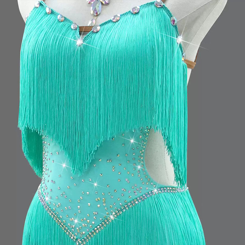 Customisable-Women's MintCream Tassel Latin Dance Dress Professional Dance Stage Performance Wear
