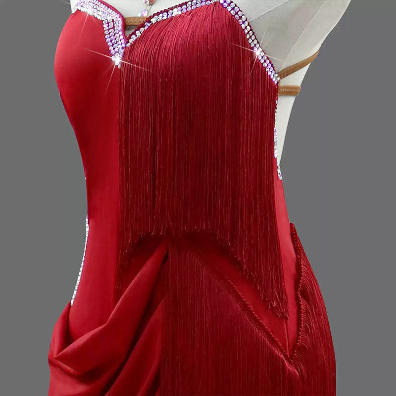 Customisable-Women's Red Tassel Latin Dance Dress Professional Dance Stage Performance Wear