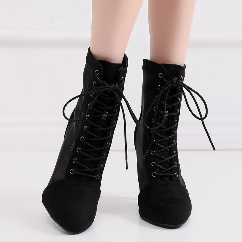 QJW Women's Customized Heel Rubber Sole  Jazz Shoes Lace-up Dance Heels Boots