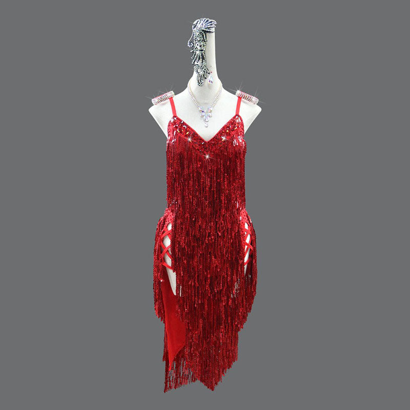 Customisable-Women's Red Tassel Latin Dance Dress Professional Dance Stage Performance Wear