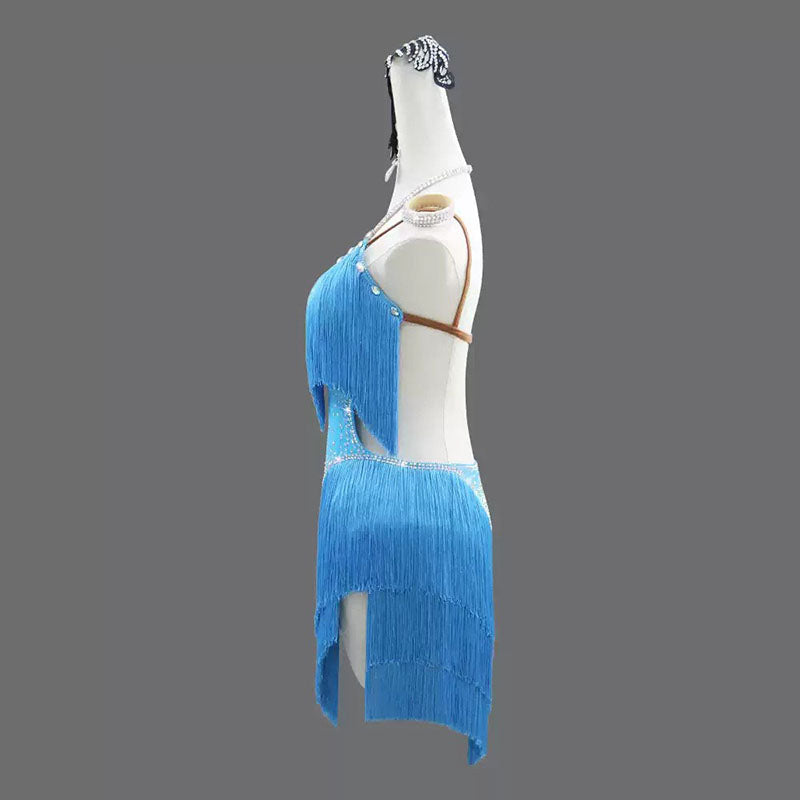 Customisable-Women's Light Blue Tassel Latin Dance Dress Professional Dance Stage Performance Wear