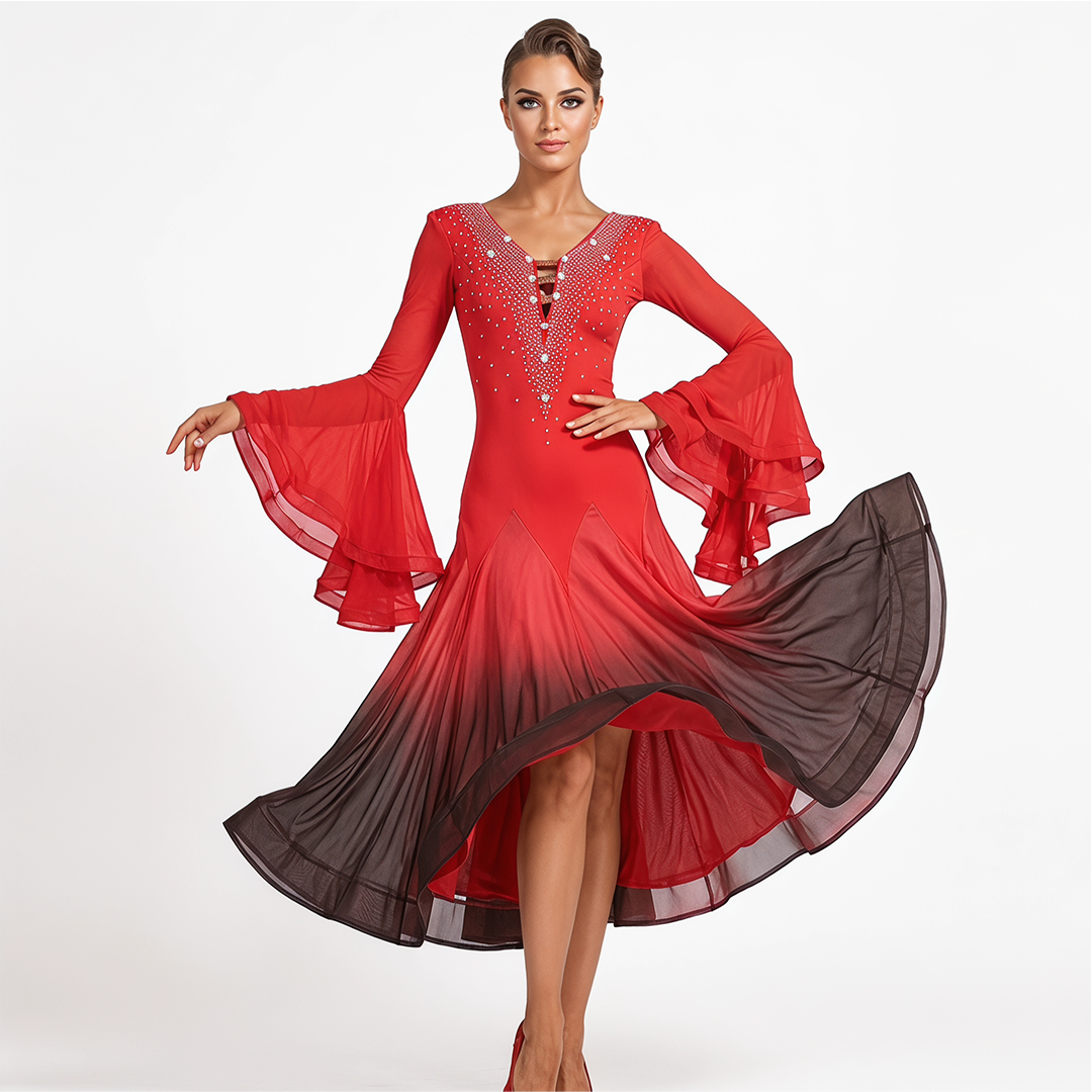 Customisable-Women's Horn Sleeve Waltz Ballroom Dance Competition Modern Dance Large Swing Dress