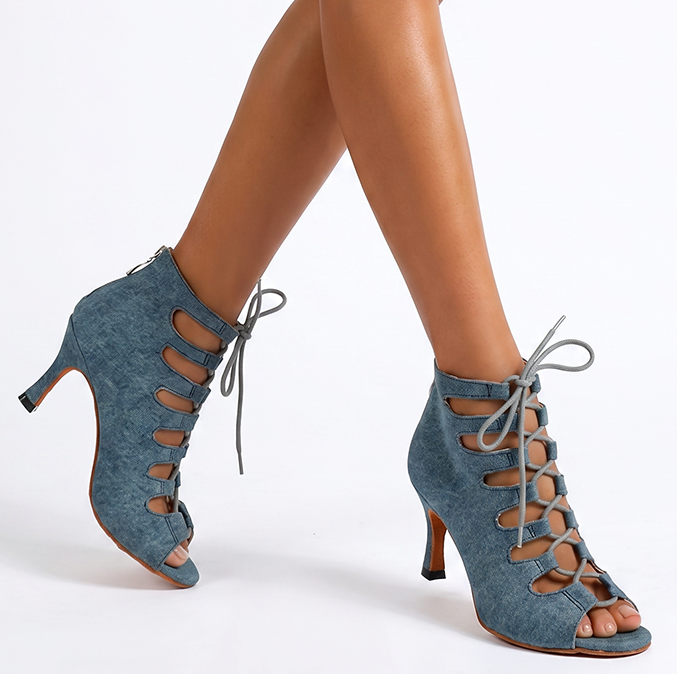 Women's Blue Denim Customized Heel Dance Boots Salsa Jazz Dance Shoes